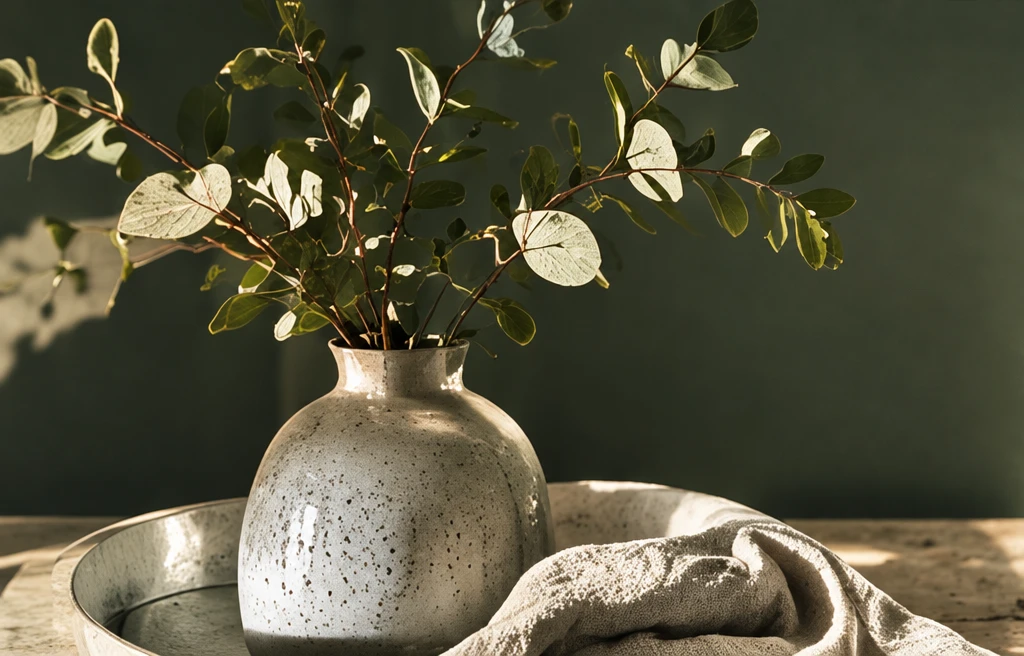 A ceramic vase with eucalyptus