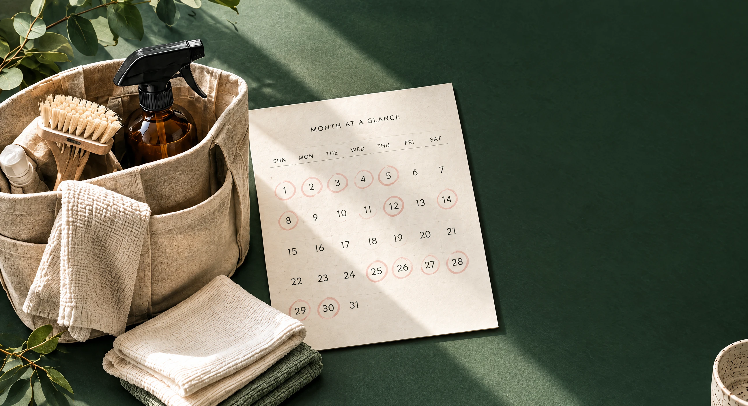 A cleaning caddy, folded cloths and a month calendar on a deep green surface