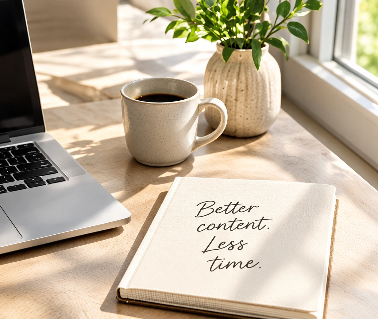 A sunny desk with laptop, coffee and a notebook