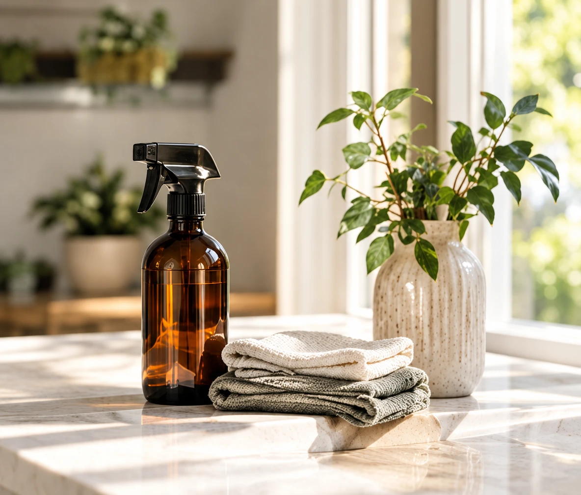 An amber spray bottle on folded cloths by a window
